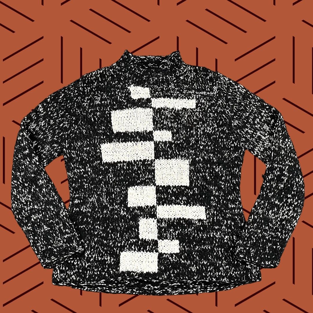 Vintage Sigrid Olsen Sweater Women's Large Black Ivory Hand Knit Mock Neck Silk Nylon L/S Pullover Size L / US 10 / IT 46 - 1 Thumbnail