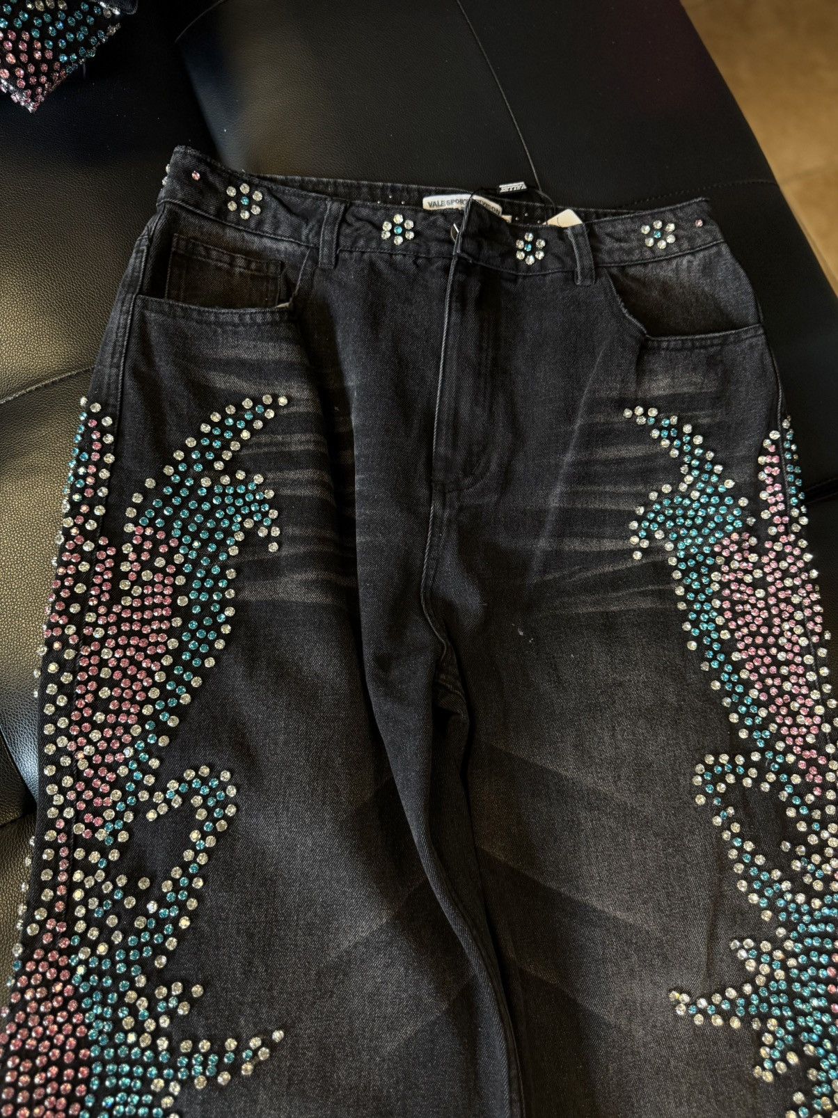 Vale Valley Stone Crystal Rhinestone Baggy Black Jeans Size 30 Size US 30 / EU 46 - 5 Thumbnail