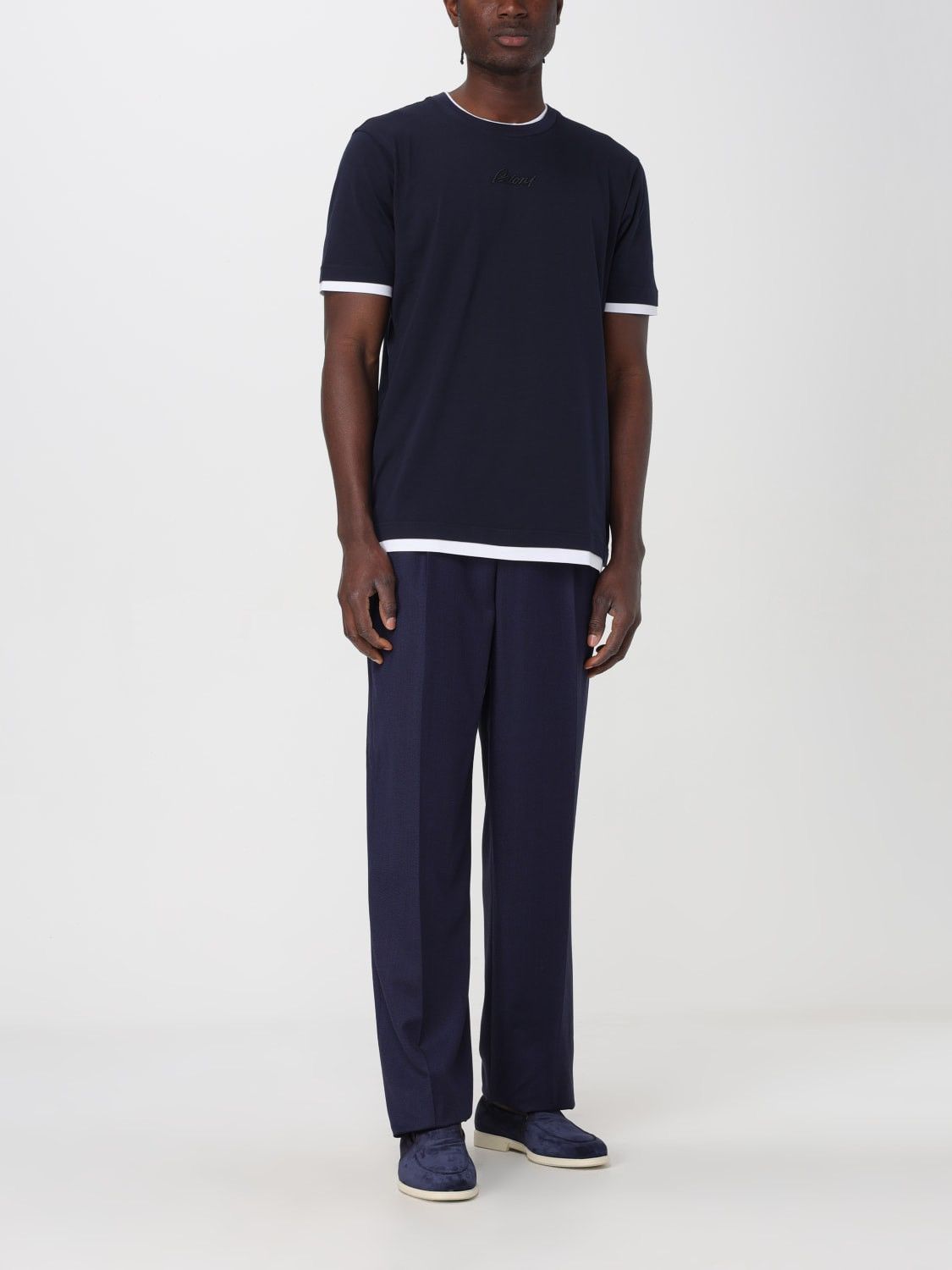 Brioni Brioni Embroidered Logo Cotton T-Shirt Navy Blue Size US L / EU 52-54 / 3 - 4 Thumbnail