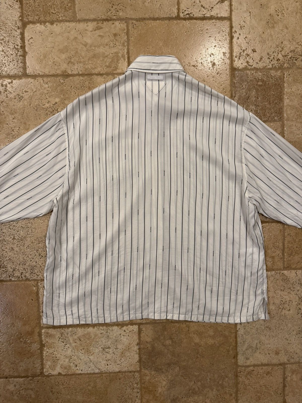 Prada Prada Raf Simons 2022 Logo Stripe White Silk Button Up Shirt Size US XL / EU 56 / 4 - 12 Thumbnail