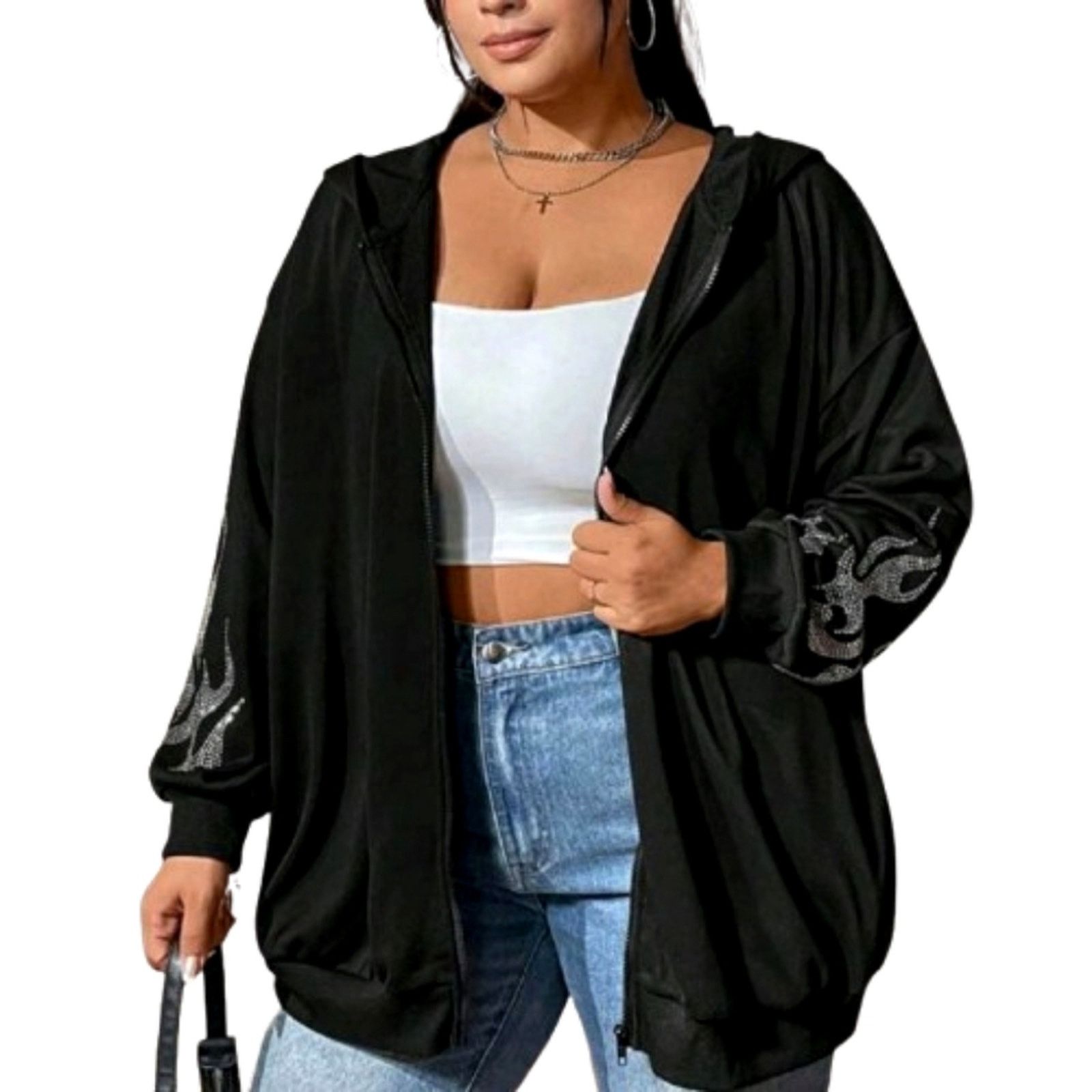 Shein FLAMES ☆ RHINESTONE ACCENT ☆ BLACK OVERSIZED HOODIE 4x ☆ NWT Size 4XL / US 24-26 - 2 Thumbnail