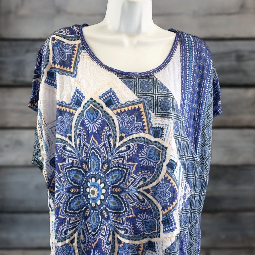 Vintage Chico's Womens Top Blouse Short Sleeve Scoop Neck Blue White Mandala Print Size L Large Shirt Ladies Mens Womens Size L / US 10 / IT 46 - 1 Thumbnail