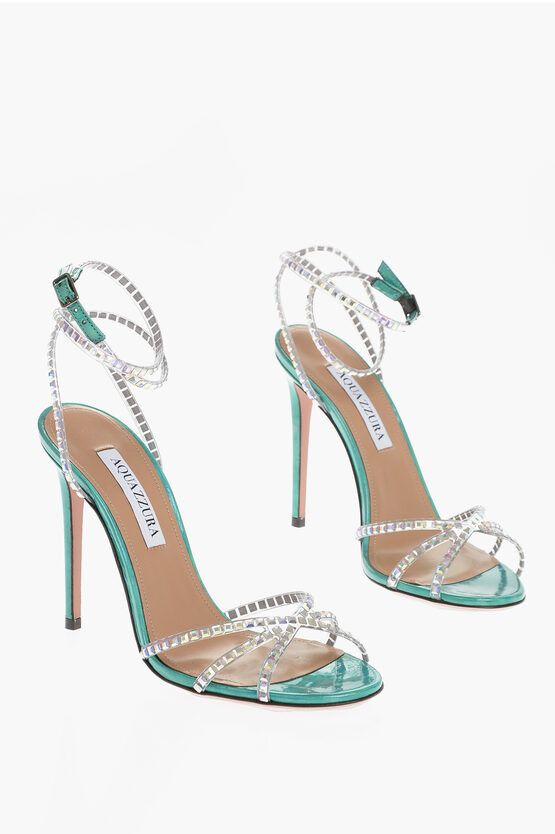 image of Aquazzura Iridescent Leather Dance Plaxi Ankle-Strap Sandals With Rhinestone Embellishment in Blue,