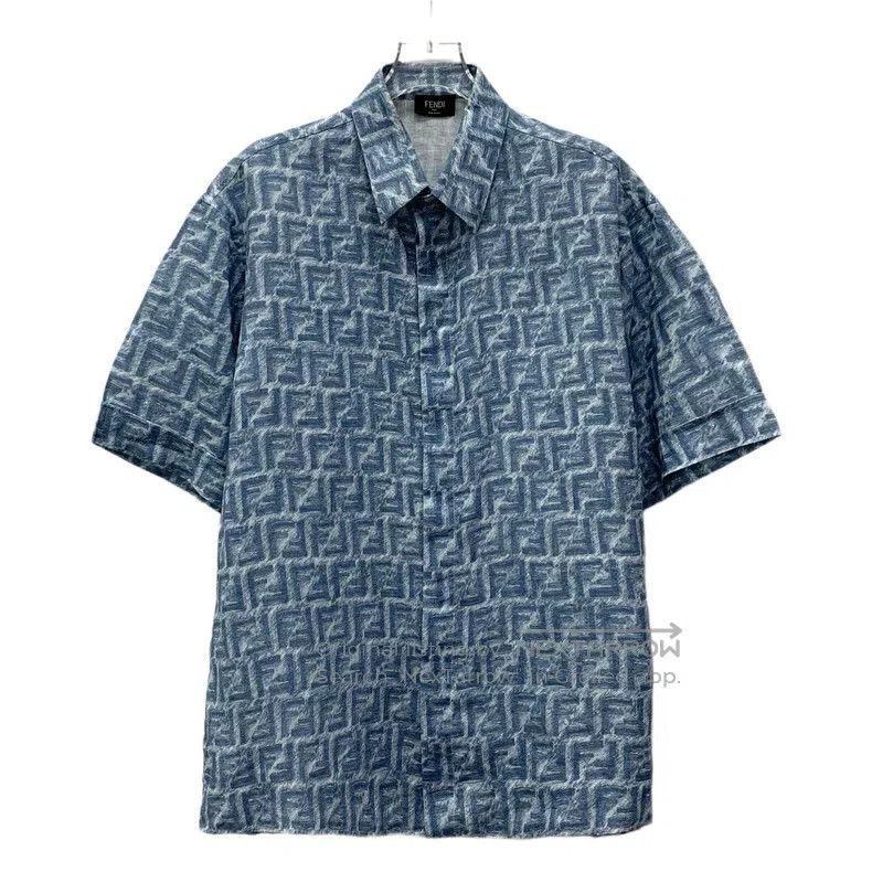 Fendi Blue Logo Printed All-Over Linen Collar Short Sleeve