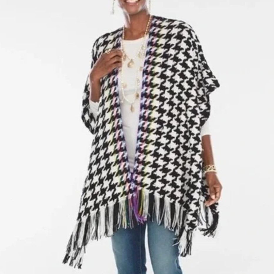 Chicos Chico's Houndstooth Ruana Wrap Shall Knit Sweater Rainbow Size M / US 6-8 / IT 42-44 - 6 Thumbnail