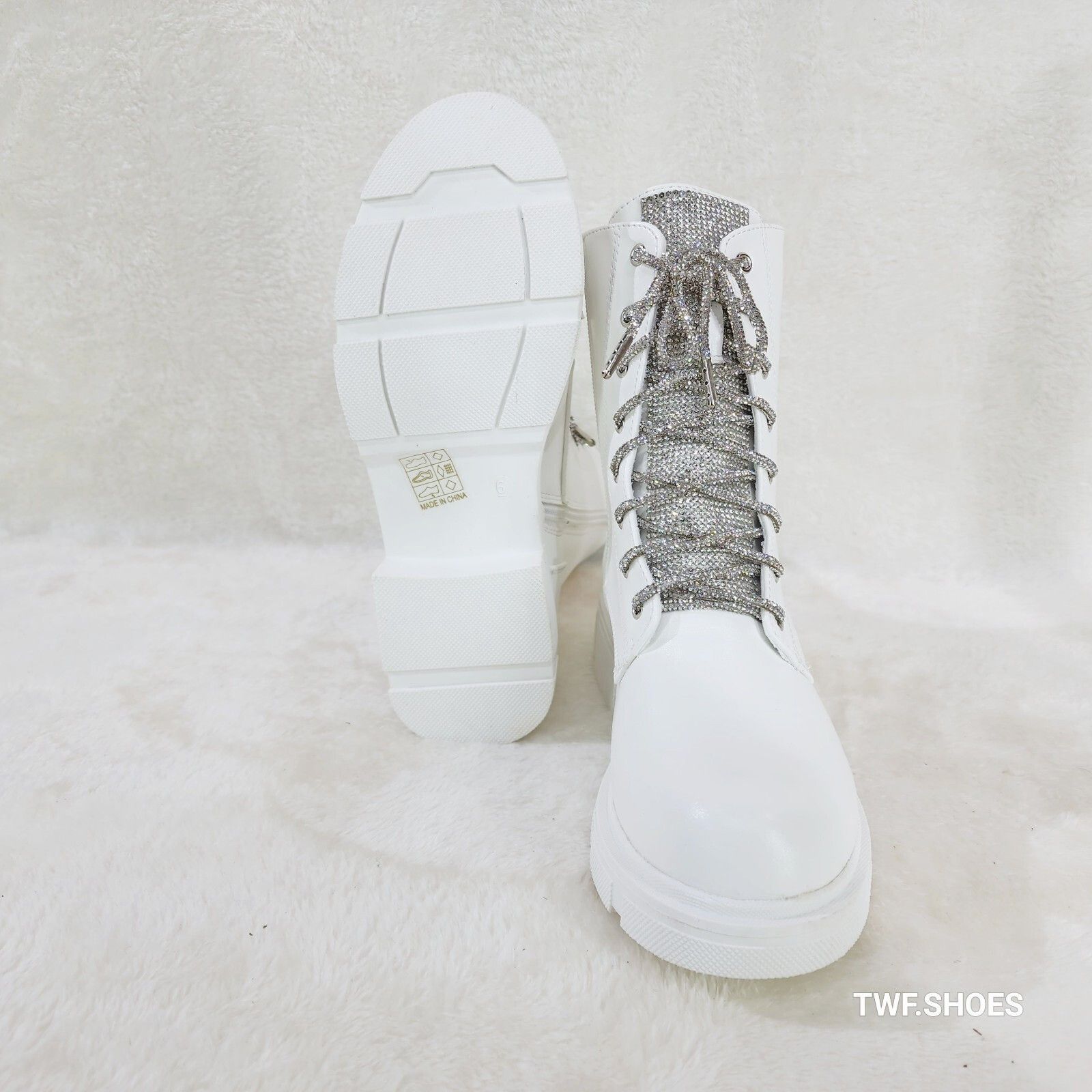 Other Rylee White Combat Ankle Boots Iridescent Rhinestone Tongue Size US 7 / IT 37 - 3 Thumbnail