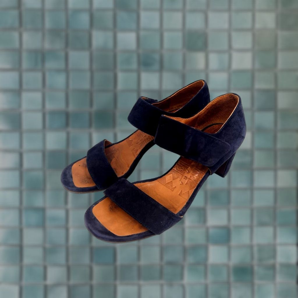 Vintage Chie Mihara Blue Suede Strap Sandals 2.5" Heel Women's Size 7 Open Toe Hook & Loop Stylish Block Heels Made in Spain Size US 7 / IT 37 - 1 Thumbnail