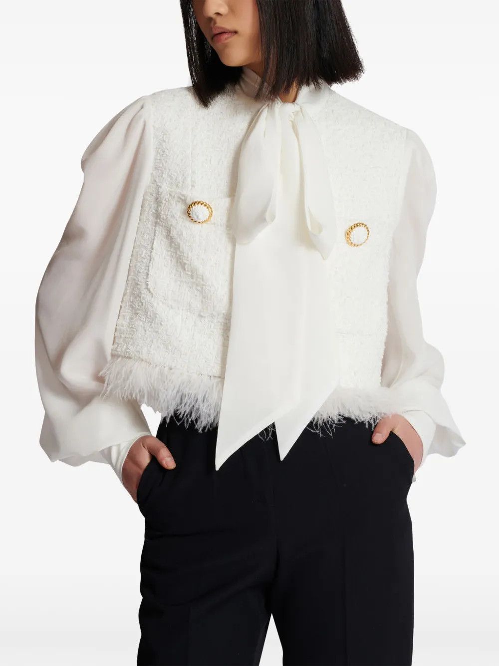 Balmain o1s1wg110825 Panelled Tweed Jacket in White Size S / US 4 / IT 40 - 3 Thumbnail