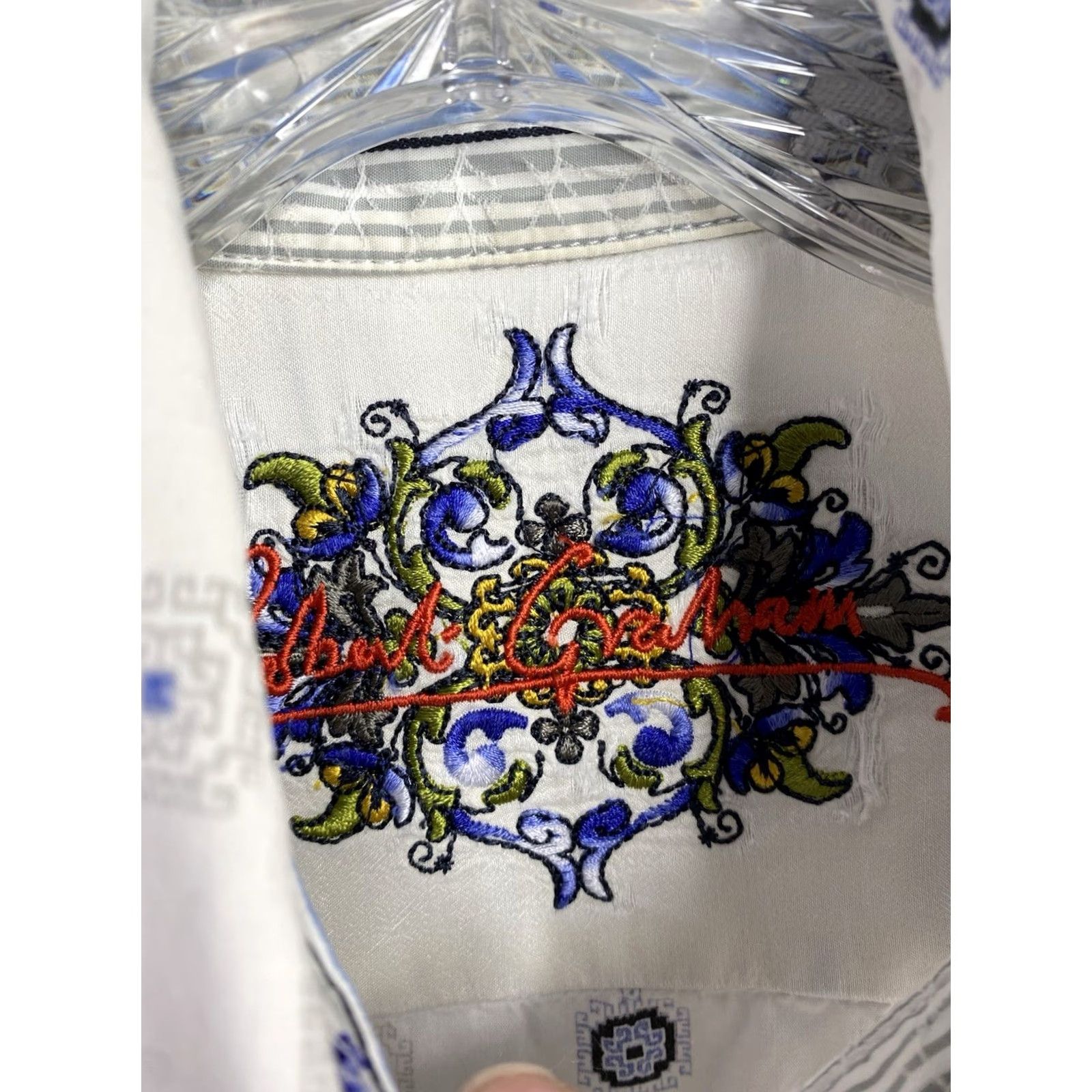 Robert Graham Robert Graham Mens Shirt Long Sleeve Button-Up Embroidered Logo Geometric White Blue L Size US L / EU 52-54 / 3 - 5 Thumbnail