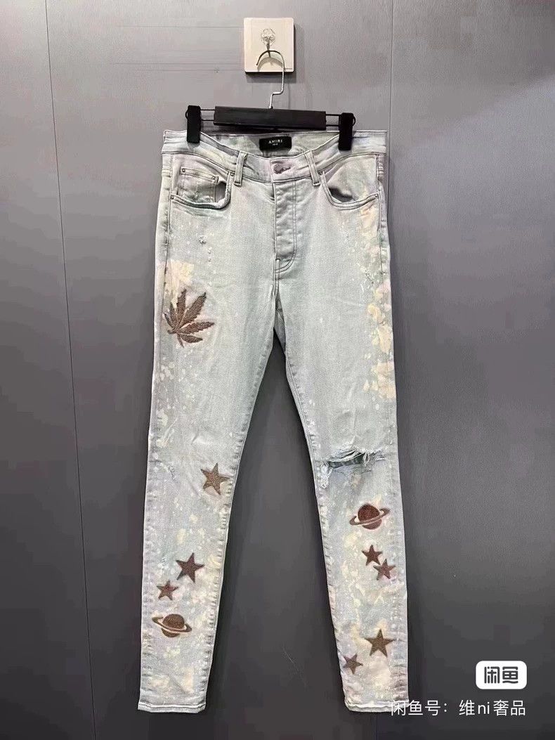 Amiri AMIRI Splashed ink maple leaf fleece washed ice blue jeans Size US 32 / EU 48 - 1 Thumbnail
