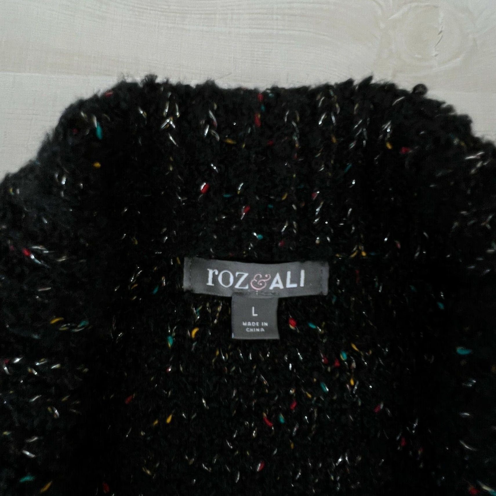 Vintage Roz & Ali Womens Long Sleeve Cardigan Sweater Large Black Fringe Metallic Thread Ladies Size L / US 10 / IT 46 - 3 Thumbnail