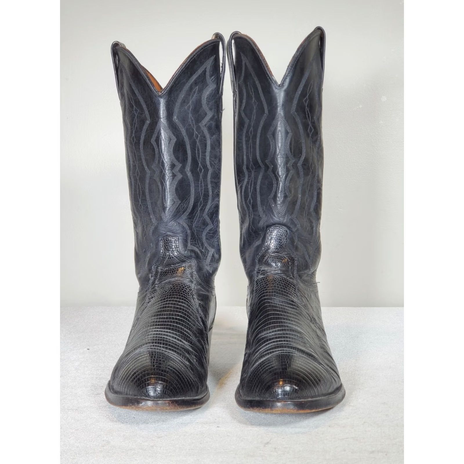 Vintage VTG J. Chisholm Black Teju Lizard Leather Western Cowboy Boots Men's US 10 D Shoe Width D Size US 10 / EU 43 - 6 Thumbnail