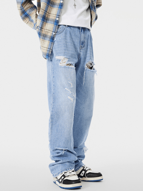 Japanese Brand American street trend distressed straight-leg ripped jeans Size US 32 / EU 48 - 2 Thumbnail