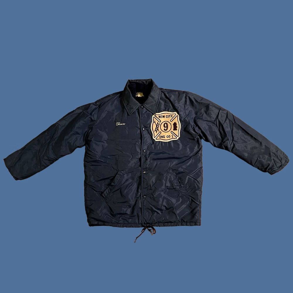 CO VINTAGE Hewitt Mfg New City Fire Engine Co Jacket Mens L Blue Sherpa Lined 60s Fire Engine Co Logo Letterman Stan Embroidered Mens Jacket Size US L / EU 52-54 / 3 - 1 Thumbnail