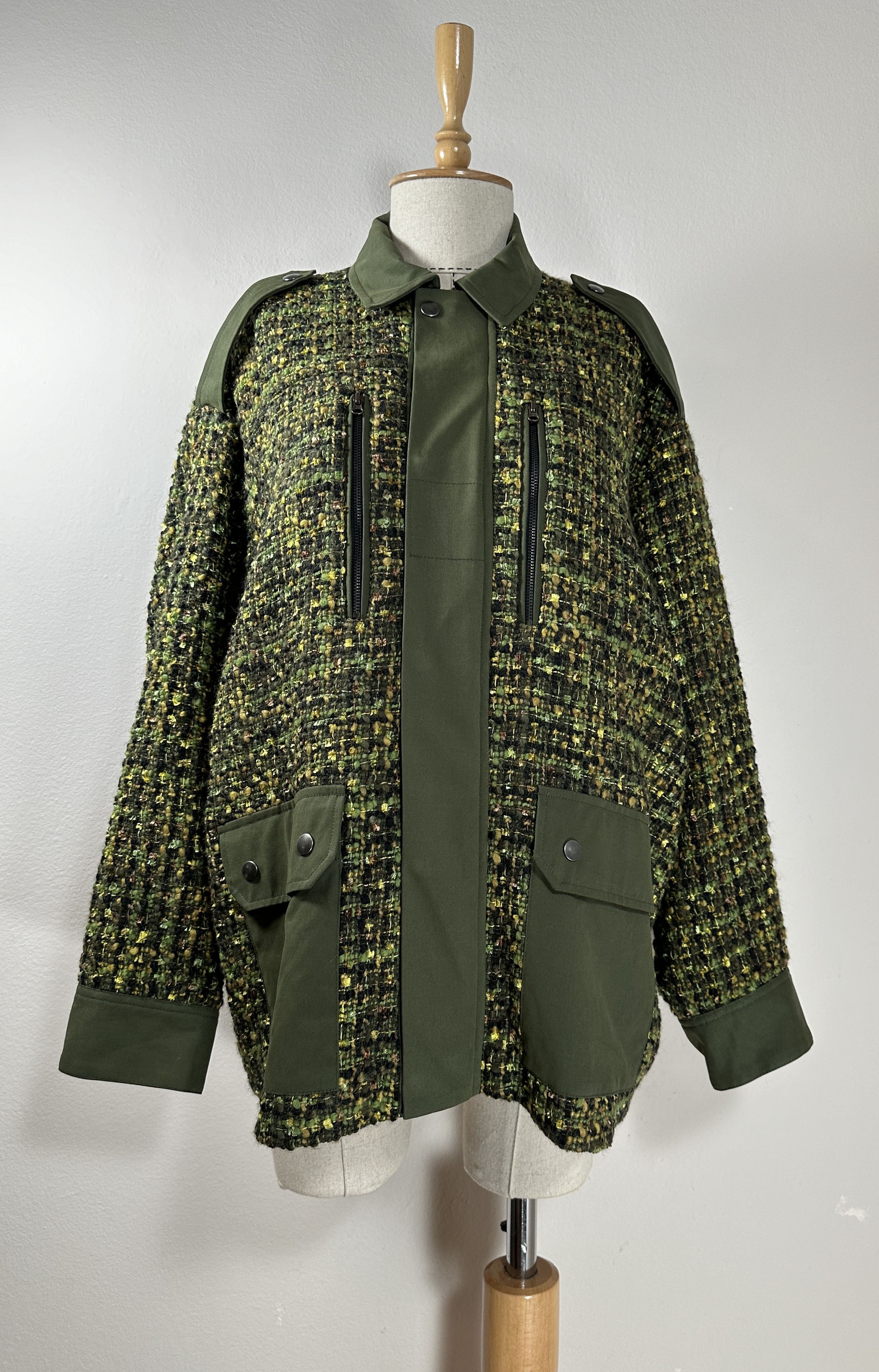 The Kooples Khaki Dual-material Tweed Jacket Size L / US 10 / IT 46 - 1 Thumbnail