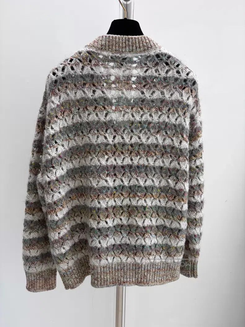 Chanel Chanel Gray-green striped hollow knit cardigan coat Size XXS / US 00 / IT 34 - 2 Thumbnail