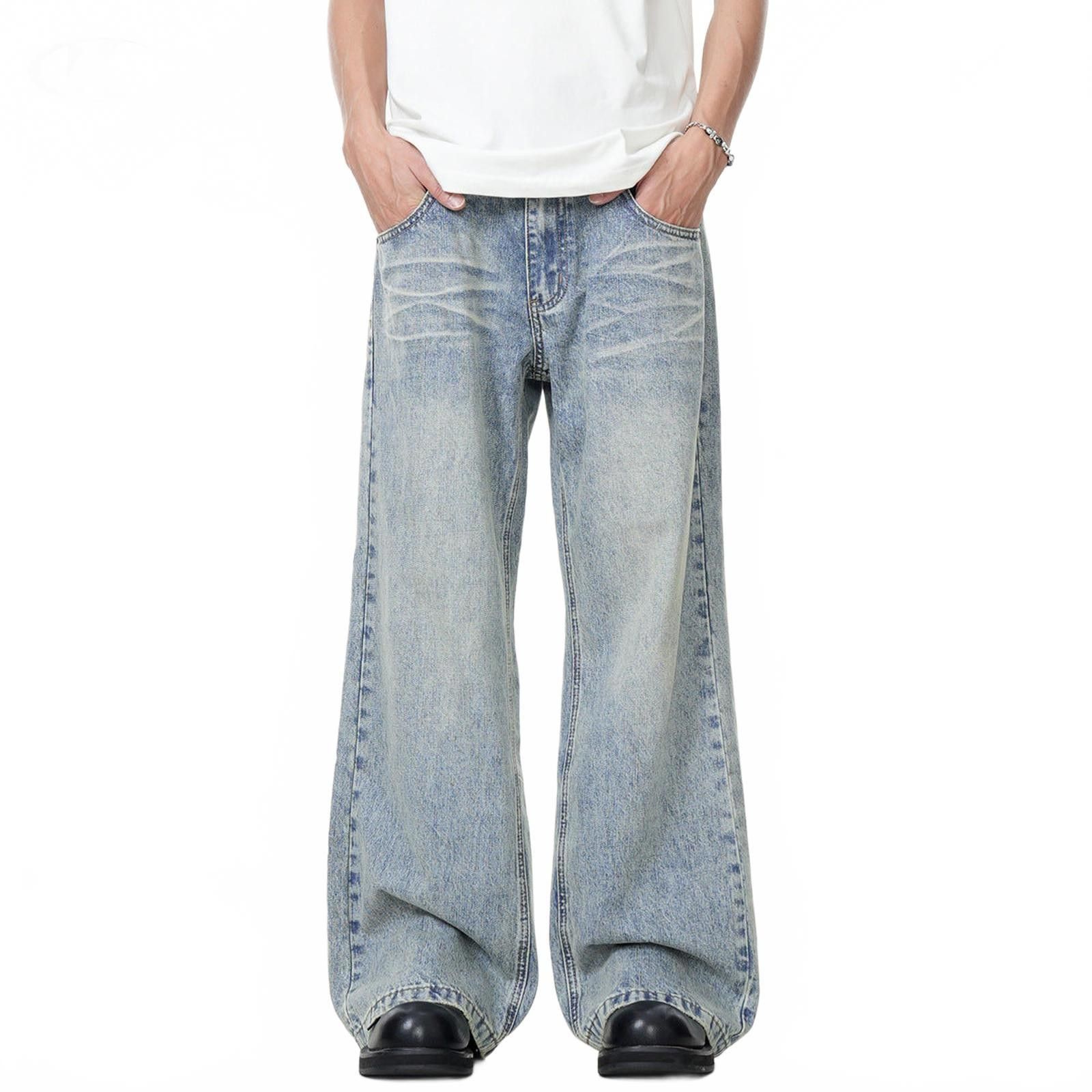 Vintage Whiskered Light Blue Wide Leg Denim Jeans, Flared Jeans Size US 30 / EU 46 - 2 Thumbnail