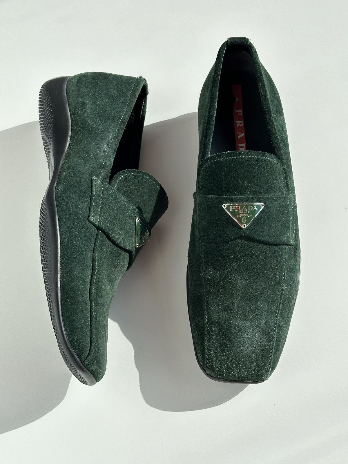 Prada PRADA Green Suede Triangle Logo Square Toe Loafers Slip One Size US 6 / IT 36 - 4 Thumbnail