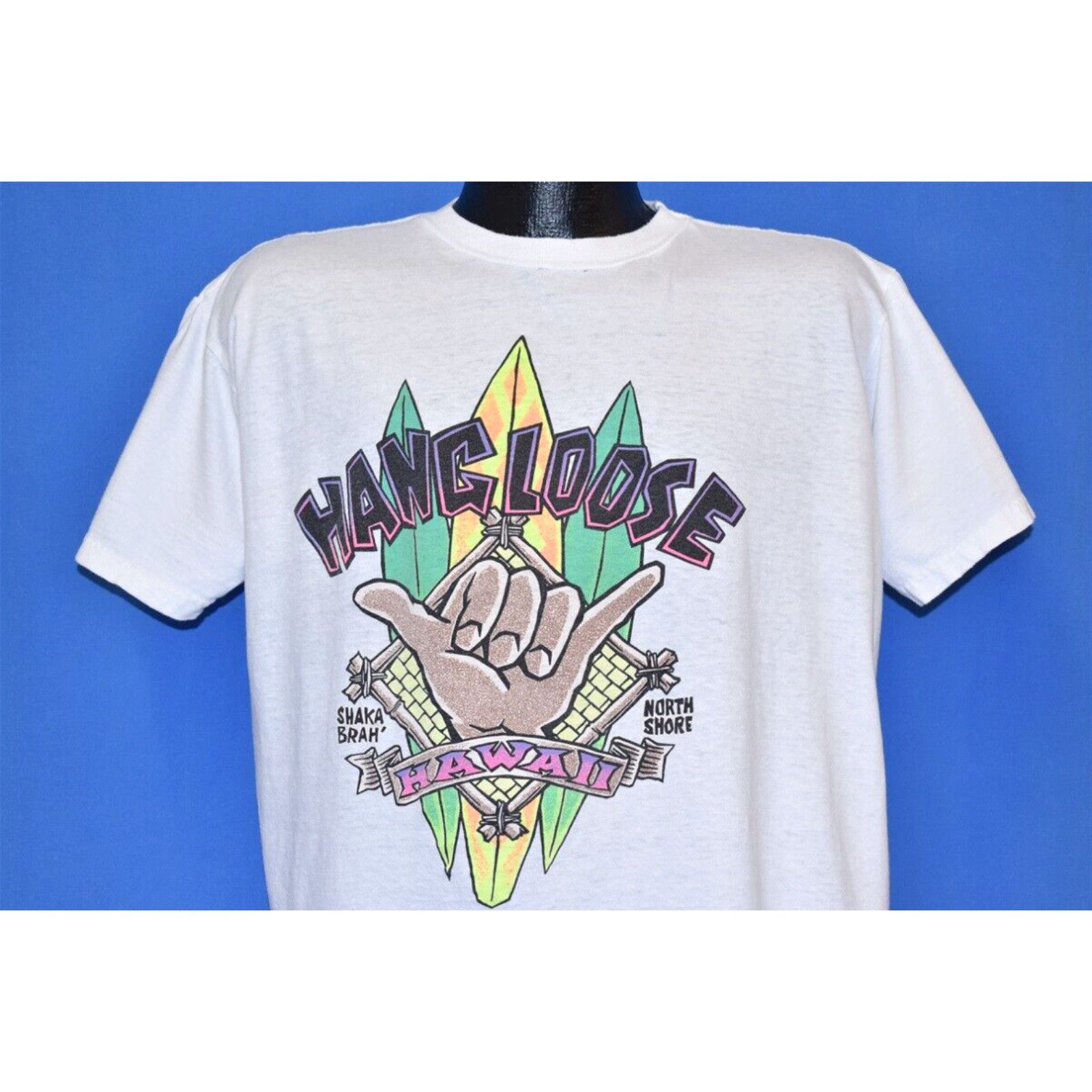 image of Vintage 90's Hang Loose Hawaii Shaka Brah Surf North Shore Hand Sign T-Shirt XL in White, Men's