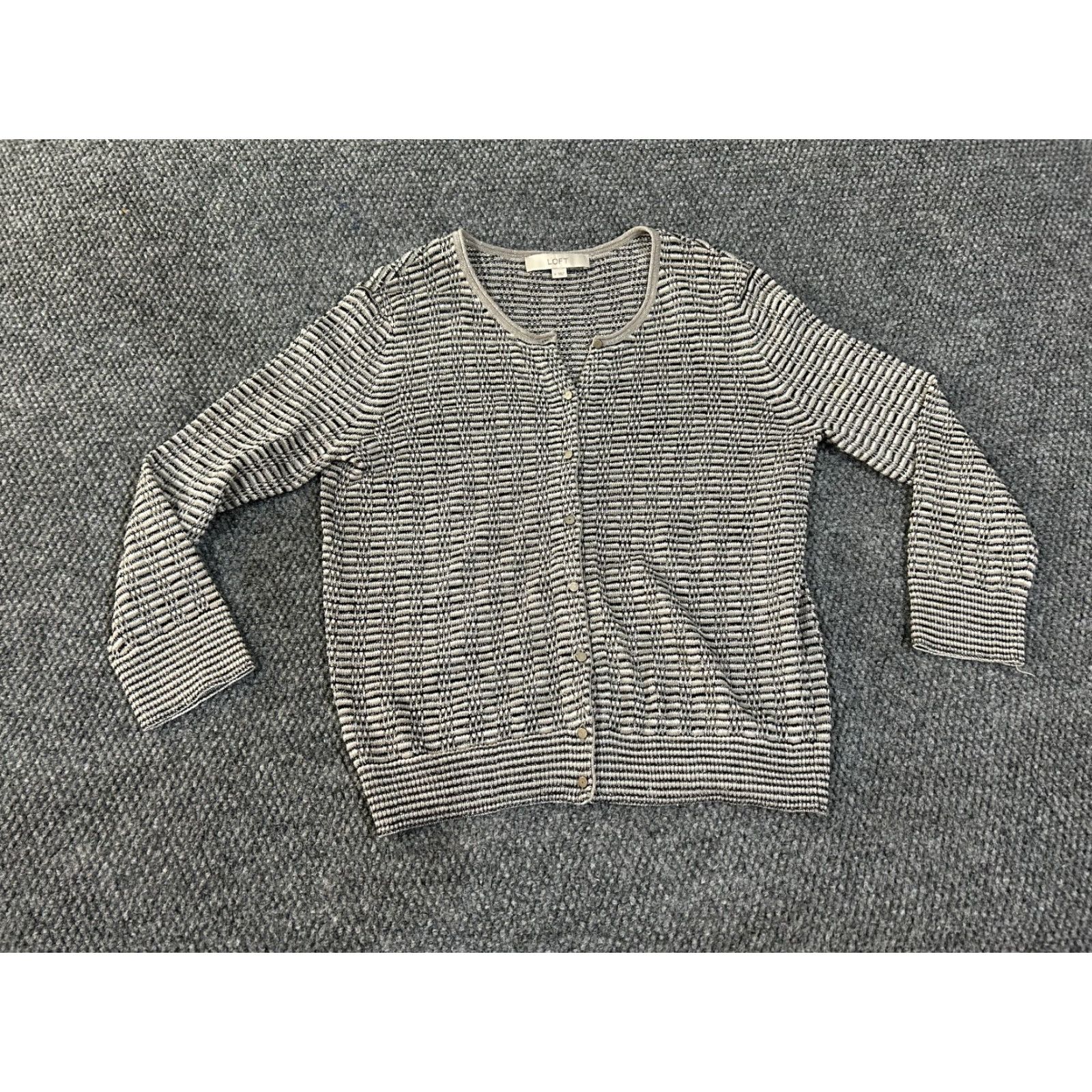 Loft LOFT Cardigan Womens Medium Gray White Striped Button Front Geometric Knit Crew Neck Rib Knit Casual Sleeve Regular Fall Winter Spring Size M / US 6-8 / IT 42-44 - 2 Thumbnail