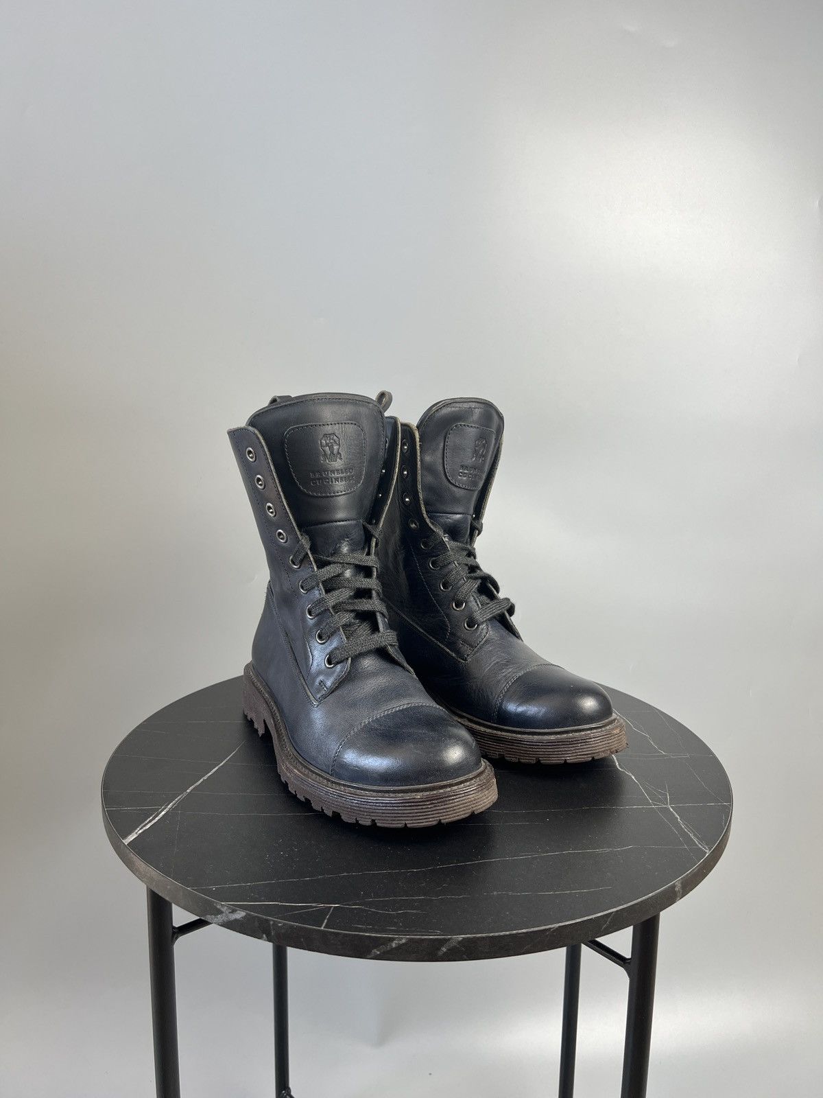 Brunello Cucinelli Brunello Cucinelli Blue Leather Combat Boots (Y0495) Size US 7 / IT 37 - 2 Thumbnail