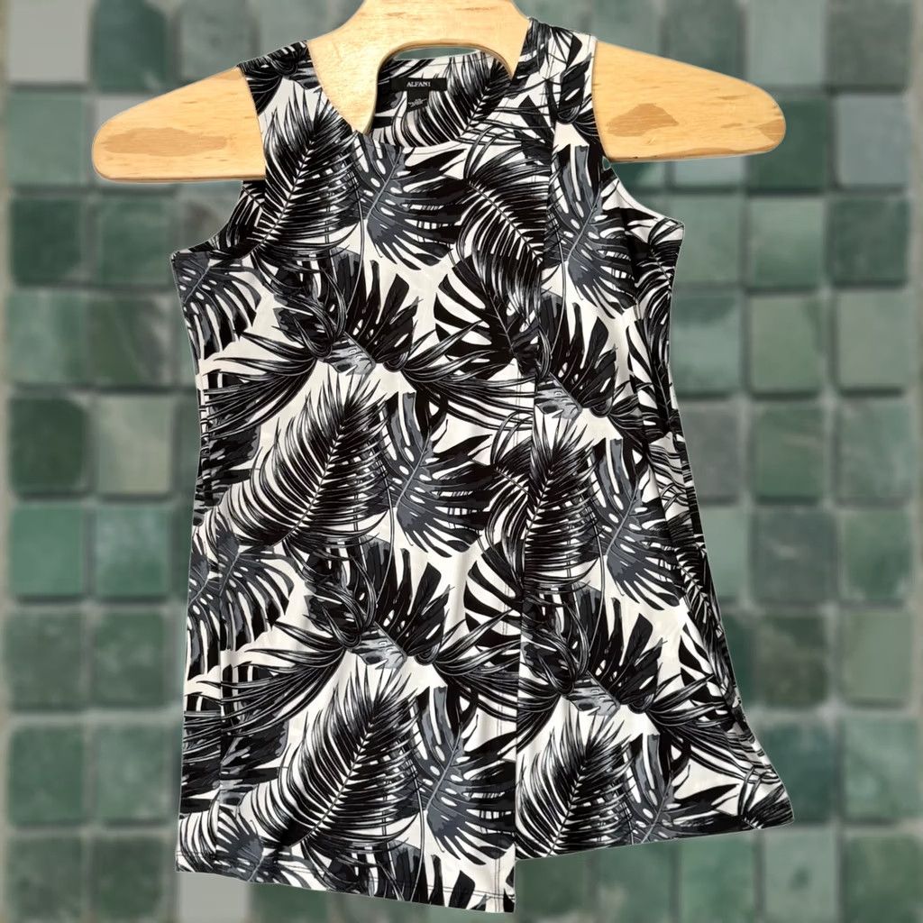 Alfani Alfani Tank Top XS Black White Tropical Palm Leaf Print Stretch Jersey Sleeveless High Neck Womens Size XS / US 0-2 / IT 36-38 - 1 Thumbnail