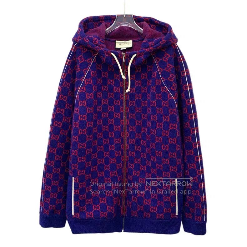 Gucci Gucci Dark blue logo jacquard full print wool hooded zippe Size US XL / EU 56 / 4 - 1 Thumbnail