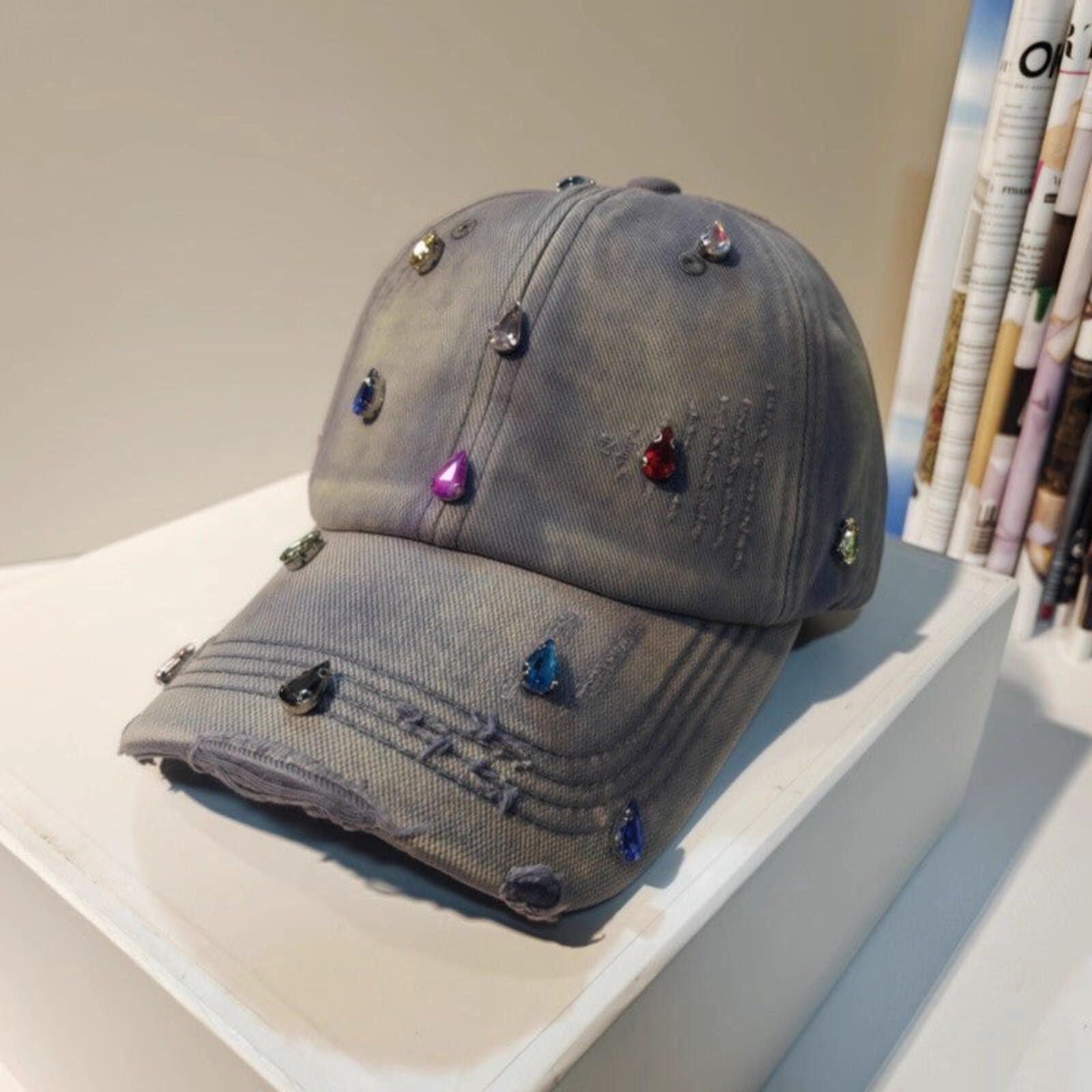 Other Rhinestone Crystal Stud Washed Denim Baseball Cap Size ONE SIZE - 1 Thumbnail