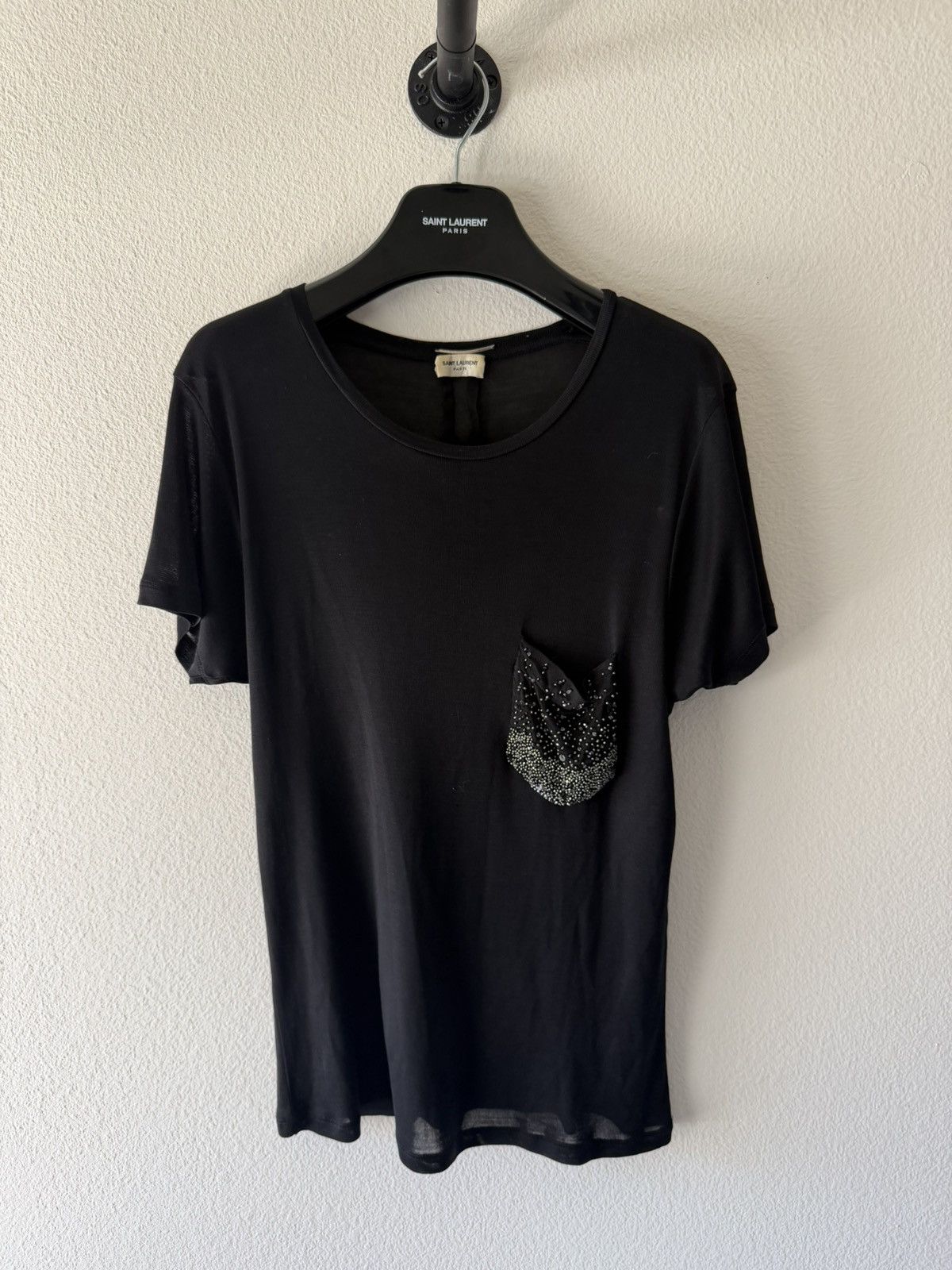 Saint Laurent Paris FW13 Crystal Embellished Silk Pocket Tee Size US XS / EU 42 / 0 - 1 Thumbnail
