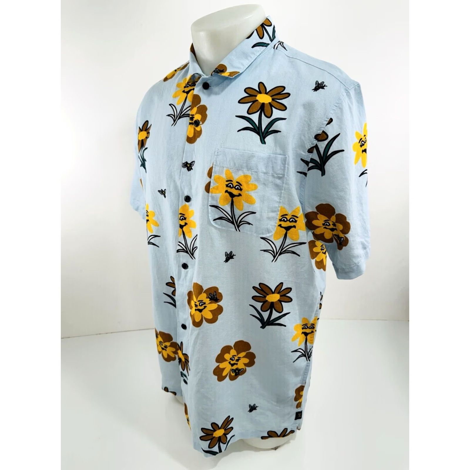 Roark ROARK LINEN Sunflower Bumble Bee Floral Print Mens L Shirt Button-Up Short Sleeve Blue N Size US L / EU 52-54 / 3 - 3 Thumbnail