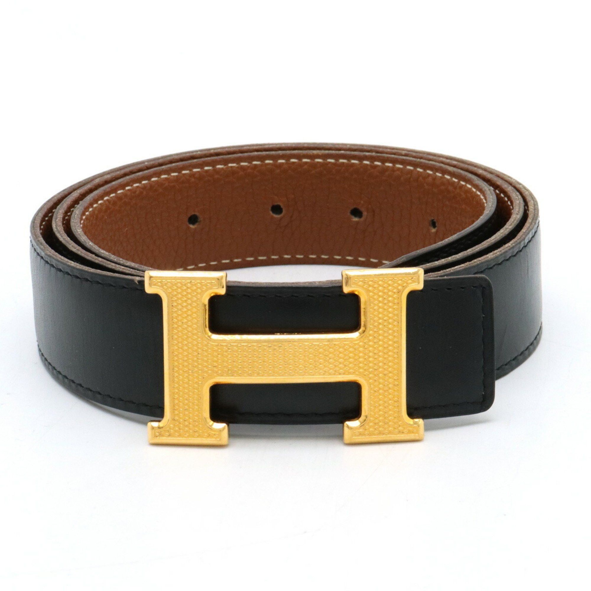 image of Hermes Constance H Belt, Reversible Leather, Black, Brown, 95, Stamp, Women's