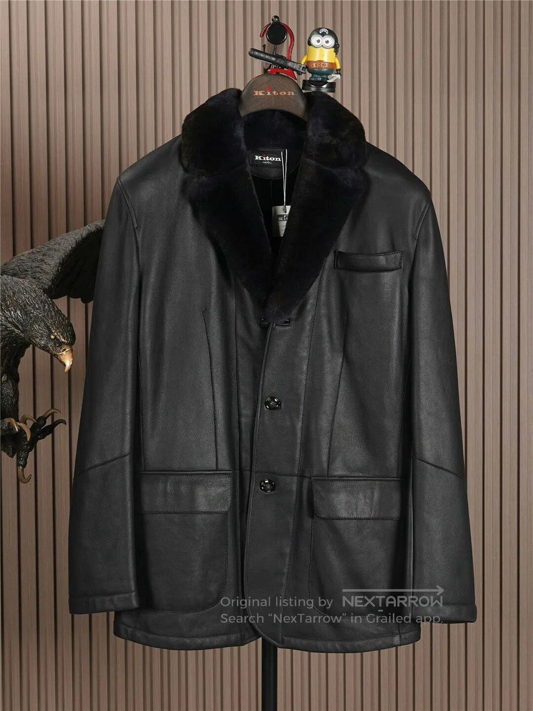 Kiton Black Shearling Leather Coat with Fur Collar. Size US M / EU 48-50 / 2 - 1 Thumbnail