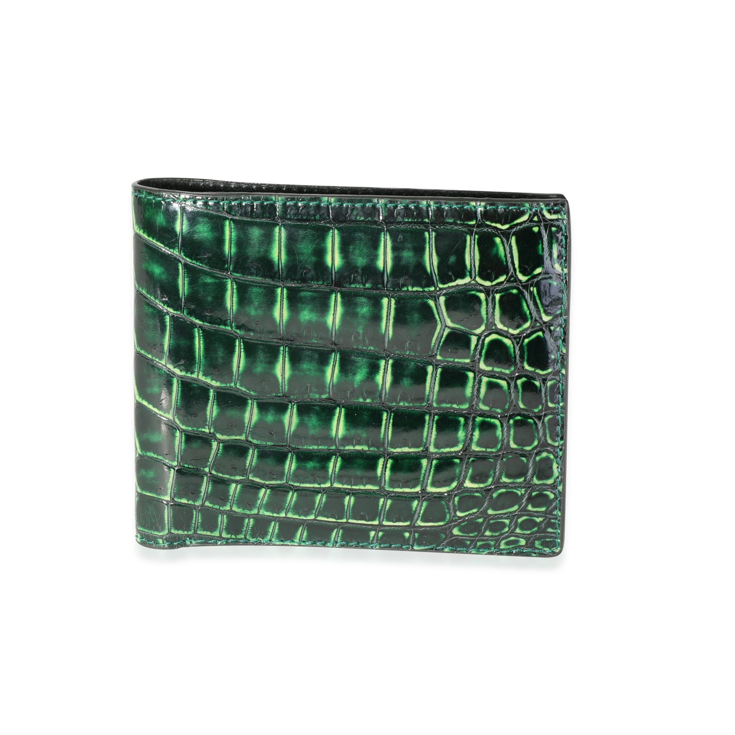 image of Bottega Veneta Green Crocodile Bi-Fold Wallet, Women's