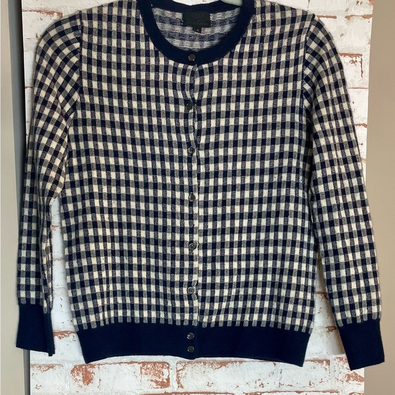 J.Crew J. Crew 100% Cashmere Navy and Cream Checkered Cardigan Size S / US 4 / IT 40 - 1 Thumbnail