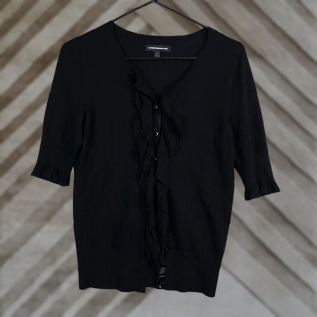 Express Express Design Studio Womens Sweater Cardigan Black Knit Ruffled Button Down Stretch S Size S / US 4 / IT 40 - 1 Thumbnail