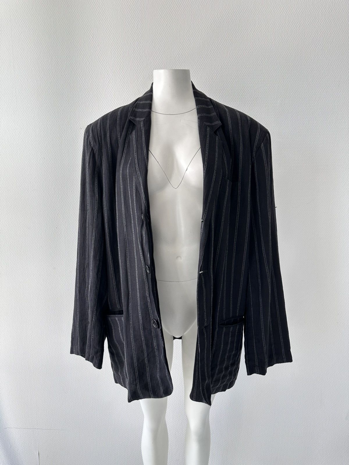 Yohji Yamamoto Yohji Yamamoto Homme Grey Pinstripe Linen Oversized Blazer Size 54R - 8 Thumbnail