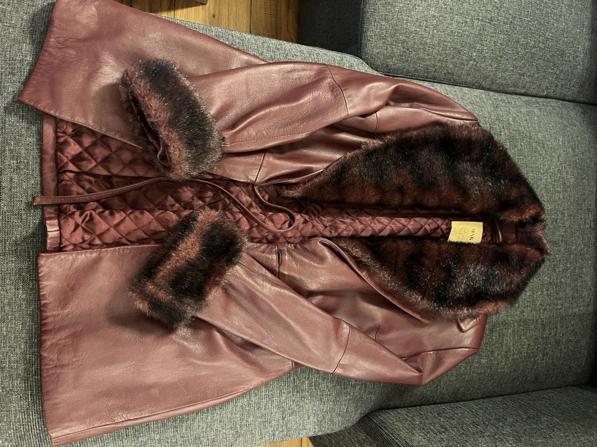 image of Vintage Mango, Dark Mauve Leather Coat, Detachable Collar in Purple, Women's (Size Medium)