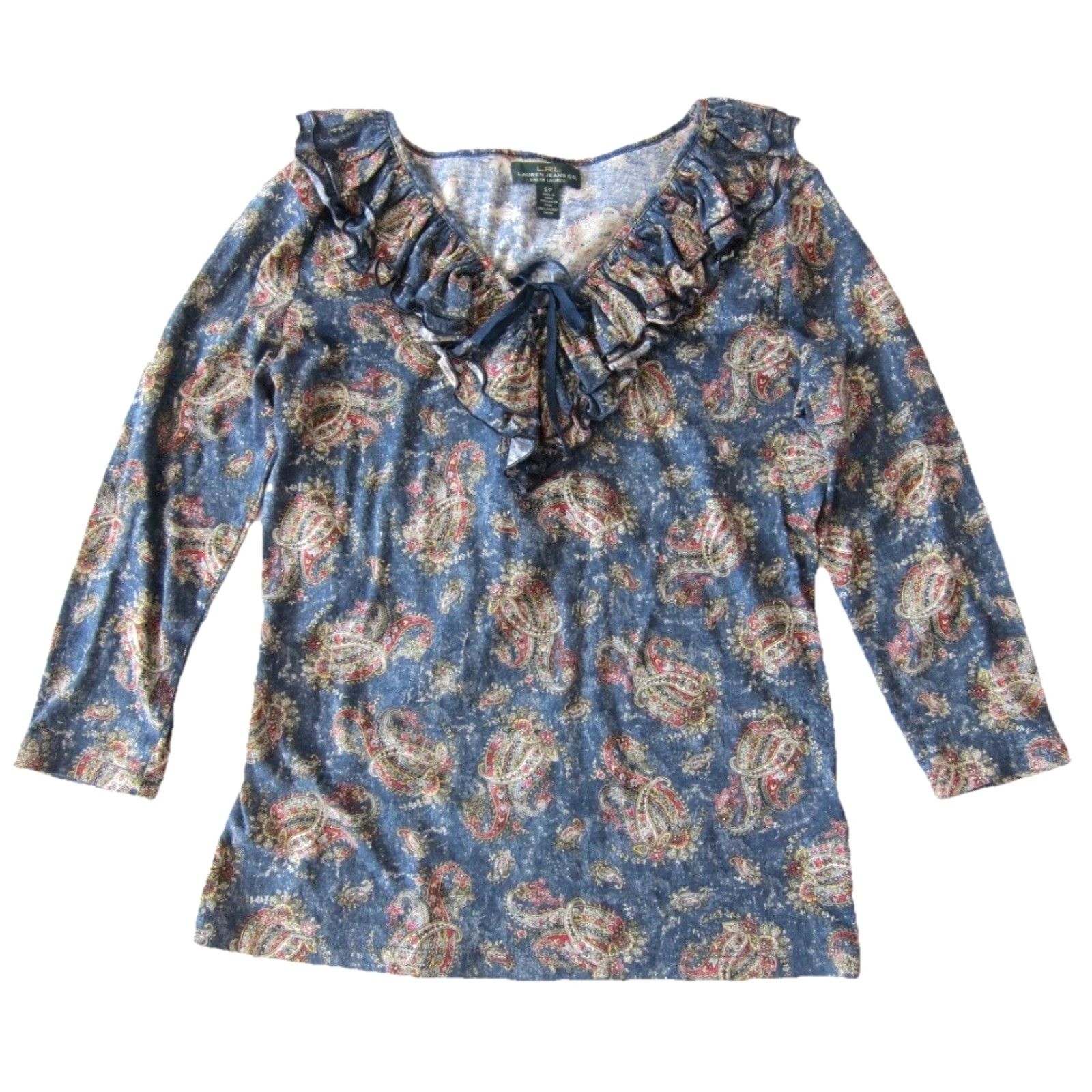 Ralph Lauren Ralph Lauren Jeans Co. Cotton Blue Paisley Floral Ruffle 3/4 Sleeve Blouse Small Size S / US 4 / IT 40 - 2 Thumbnail