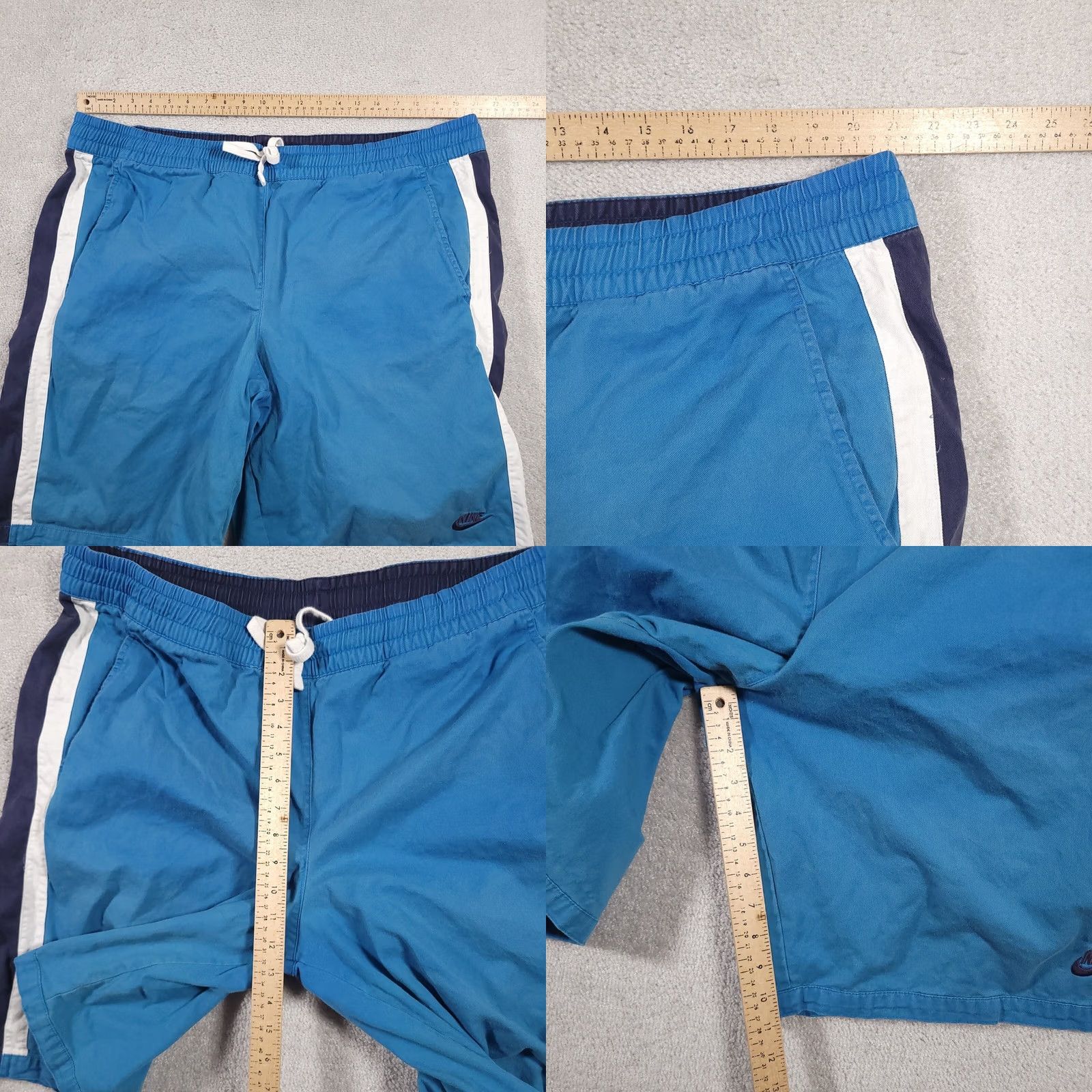 Nike VINTAGE Nike Shorts Mens XXL Blue Twill Elastic Waist Drawstring Heavy Logo Stripe Bermuda 90s Mens Size US 39 - 8 Thumbnail