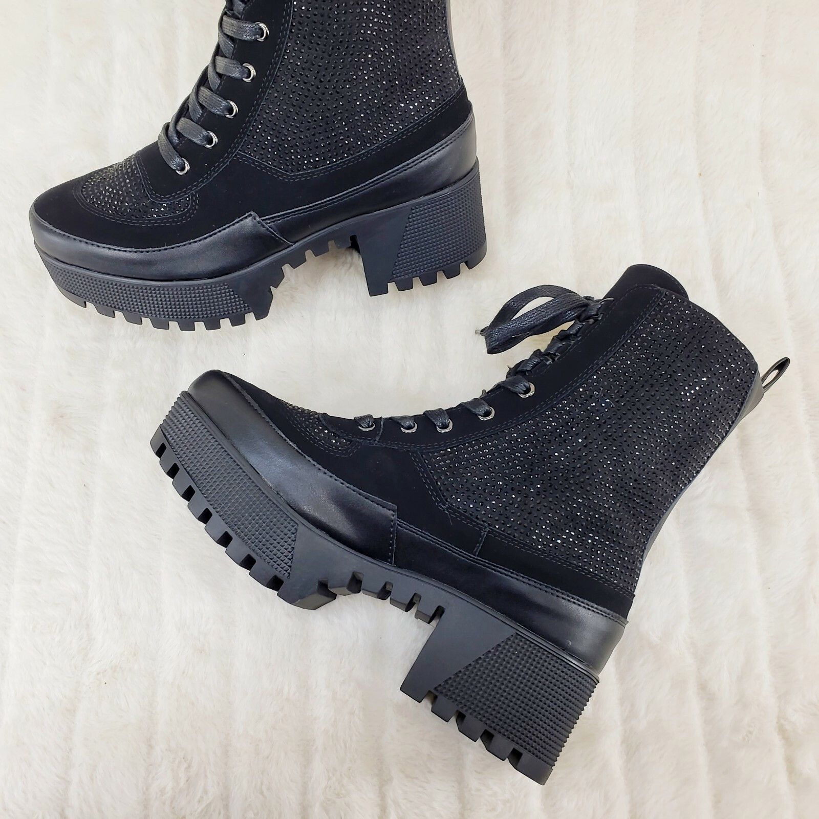 Other Diva Shine Black Rhinestone Lace Up Platform Combat Ankle Bo Size US 7 / IT 37 - 3 Thumbnail