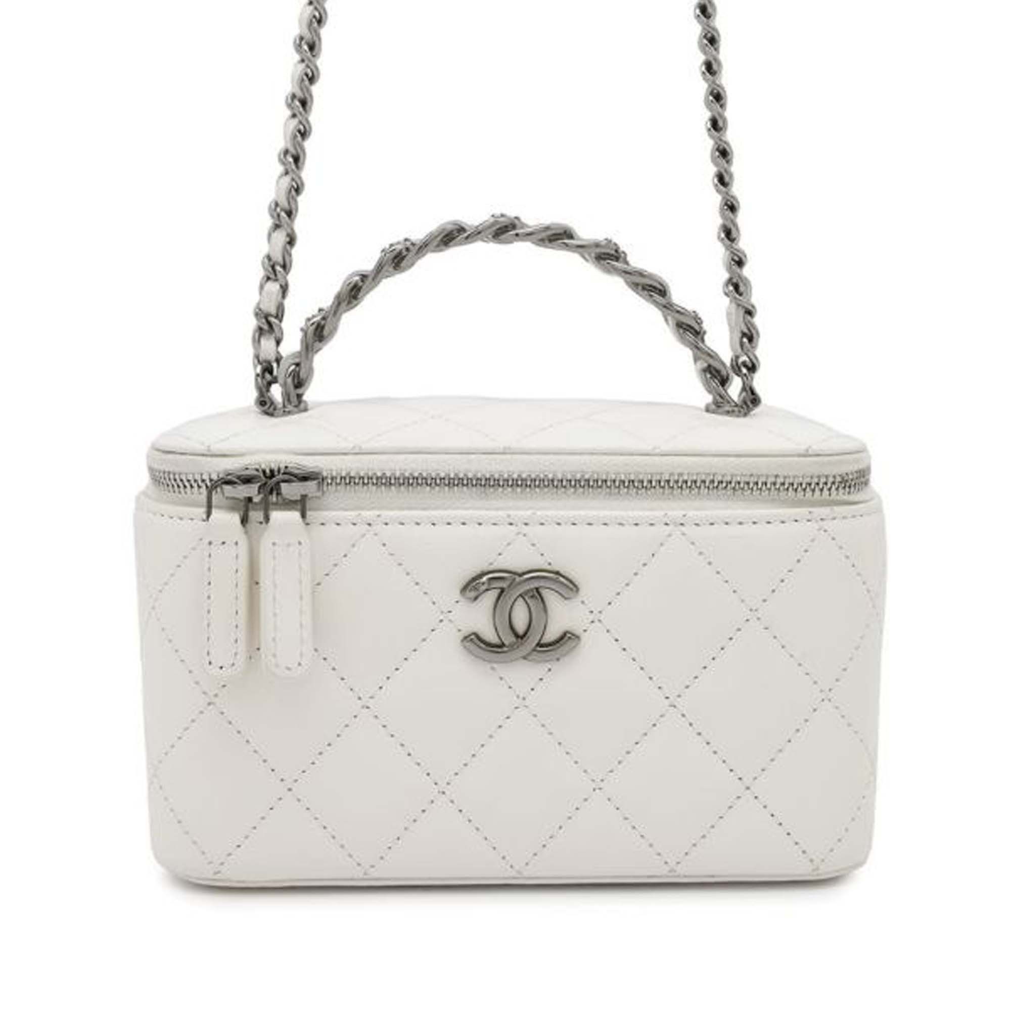Chanel Cc Quilted Lambskin Chain Top Handle Vanity Bag in White, Women's