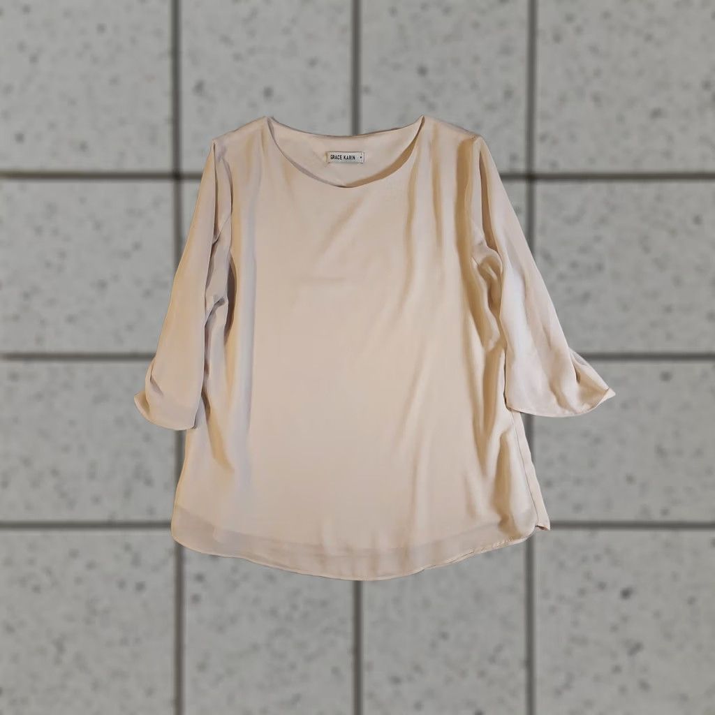 Vintage Grace Karin Blouse Women M Beige Solid Chiffon 3/4 Ruffle Size M / US 6-8 / IT 42-44 - 1 Thumbnail