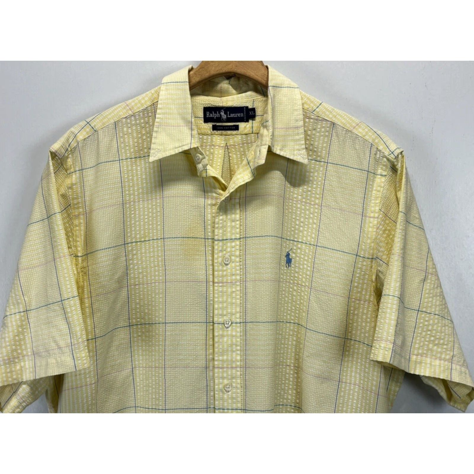 Polo Ralph Lauren VINTAGE Polo Ralph Lauren Shirt Plaid Seersucker Short Sleeve XL Men’s Yellow Cotton Button-Up Size US XL / EU 56 / 4 - 3 Thumbnail