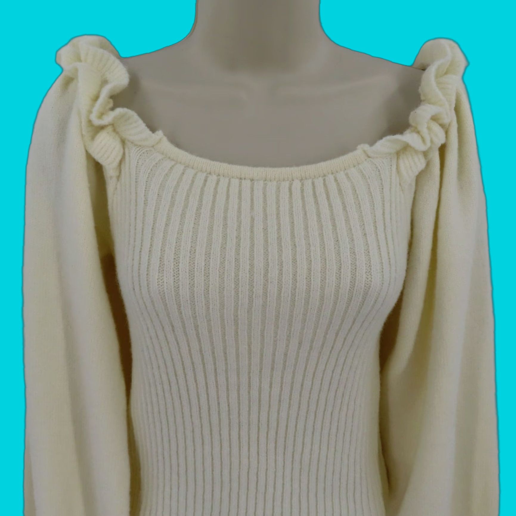 Vintage Lucca Women Small Cream Knit Off The Shoulder Ruffle Pullover Sweater Shirt Top Size S / US 4 / IT 40 - 1 Thumbnail