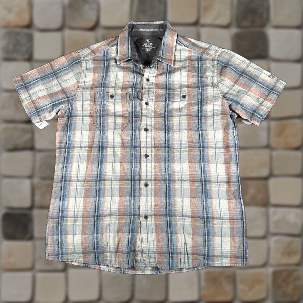 Kuhl Response Mens Medium Short Sleeve Button-Up Shirt Plaid Blue Gray Camp Hike Shirt