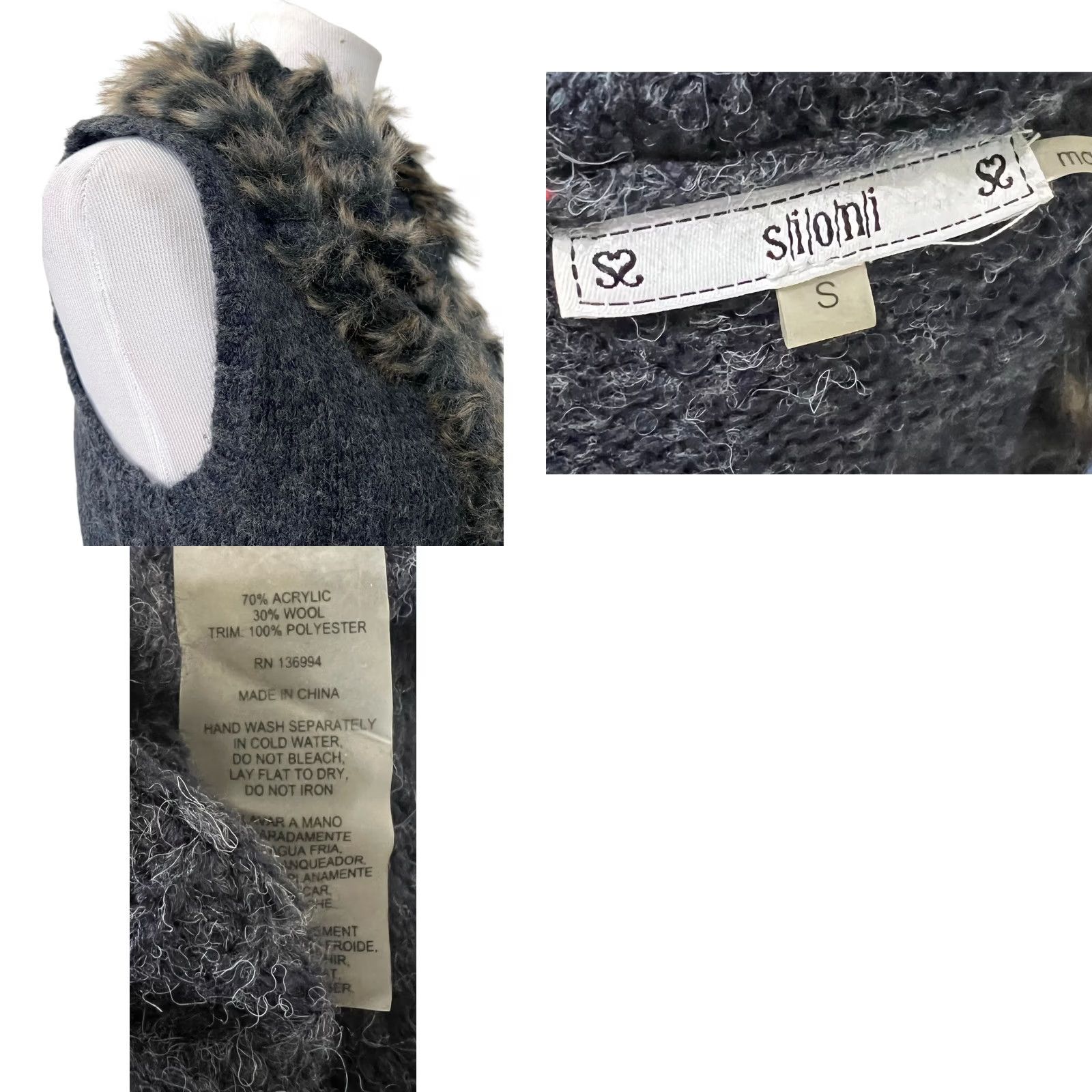 Vintage Sioni Women’s Sweater Vest Wool Blend Ruffle Faux Fur Trim Gray Size Small Vest Women Wool Blend Fur Trim Casual Party/Cocktail Sl Centered on Gray Size S / US 4 / IT 40 - 8 Thumbnail