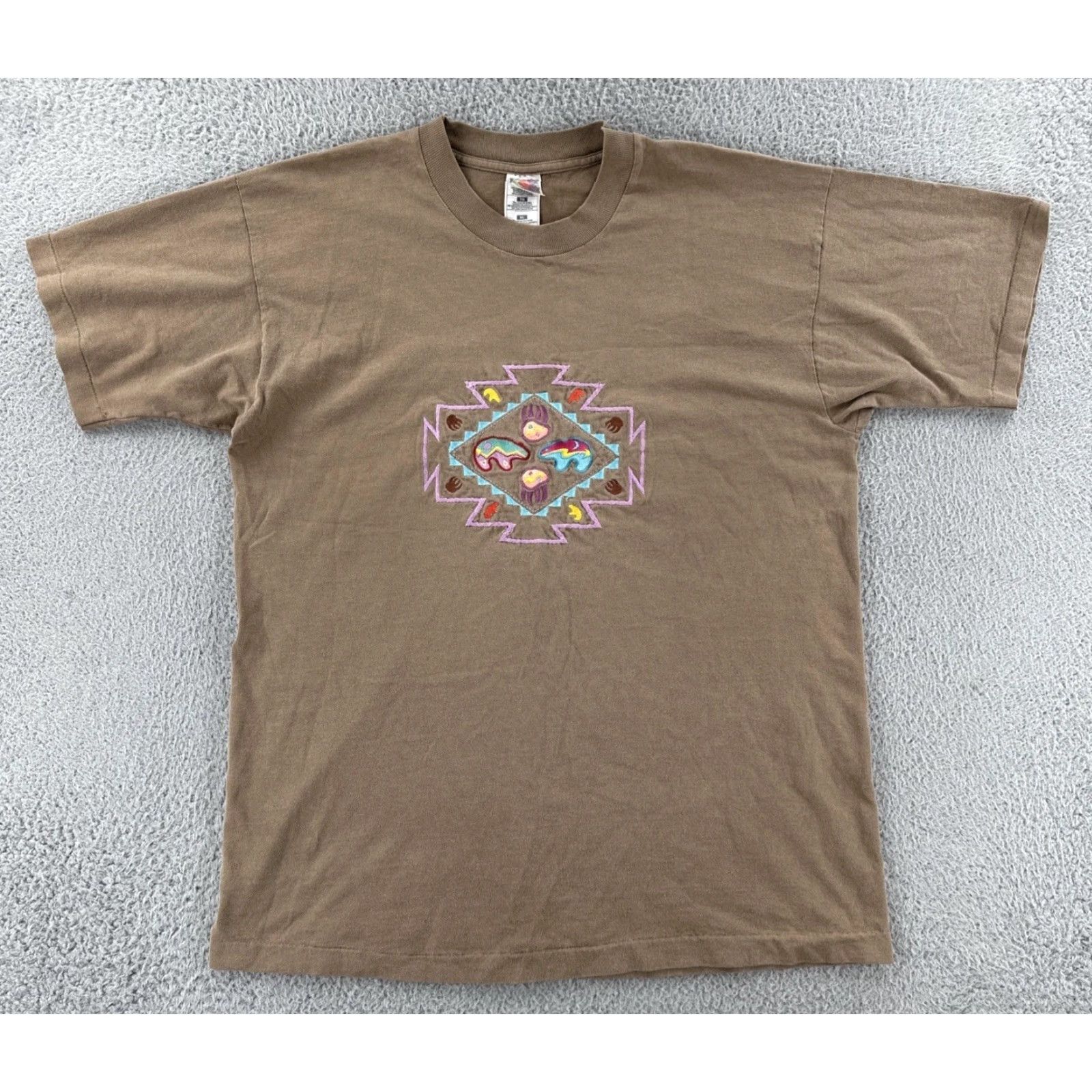 Fruit Of The Loom VINTAGE Fruit of the Loom Mens XL Shirt Brown Single Stitch Southwestern Embroidery 90s Aztec USA Crew Neck Short Sleeve T-Shirt Mens Size US XL / EU 56 / 4 - 2 Thumbnail