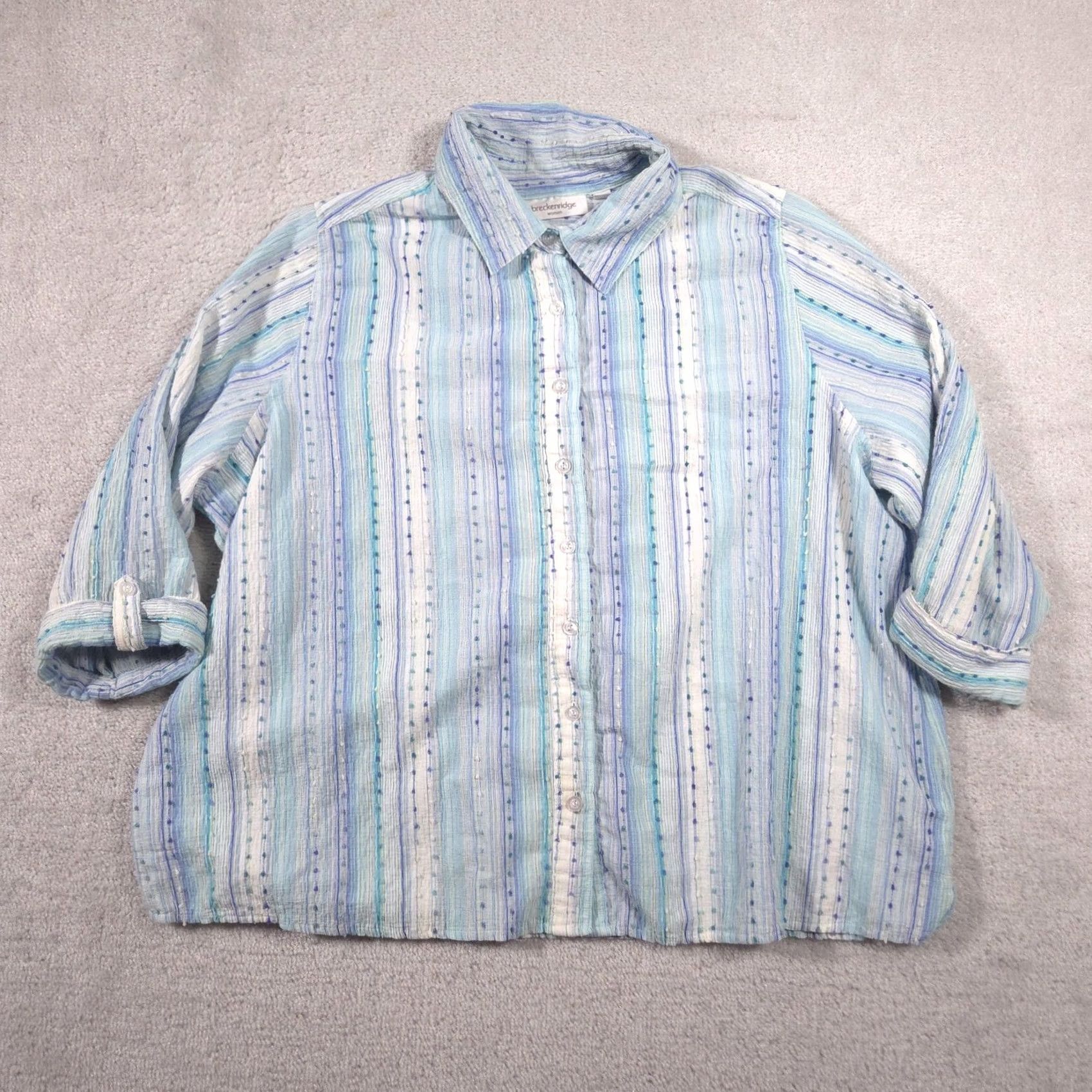 Vintage Breckenridge Shirt Womens 2X Blue Stripe Button Front Roll Tab 3/4 Sleeve Top Size XXL / US 16-18 / IT 52-54 - 2 Thumbnail