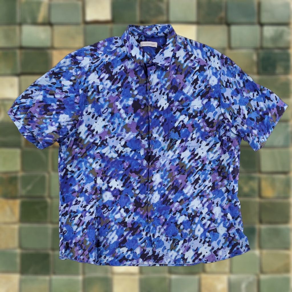 Vintage Jhane Barnes Button-Up Shirt Blue 100% Linen Short Sleeve Mens XXL Abstract Shirt Size US XXL / EU 58 / 5 - 1 Thumbnail