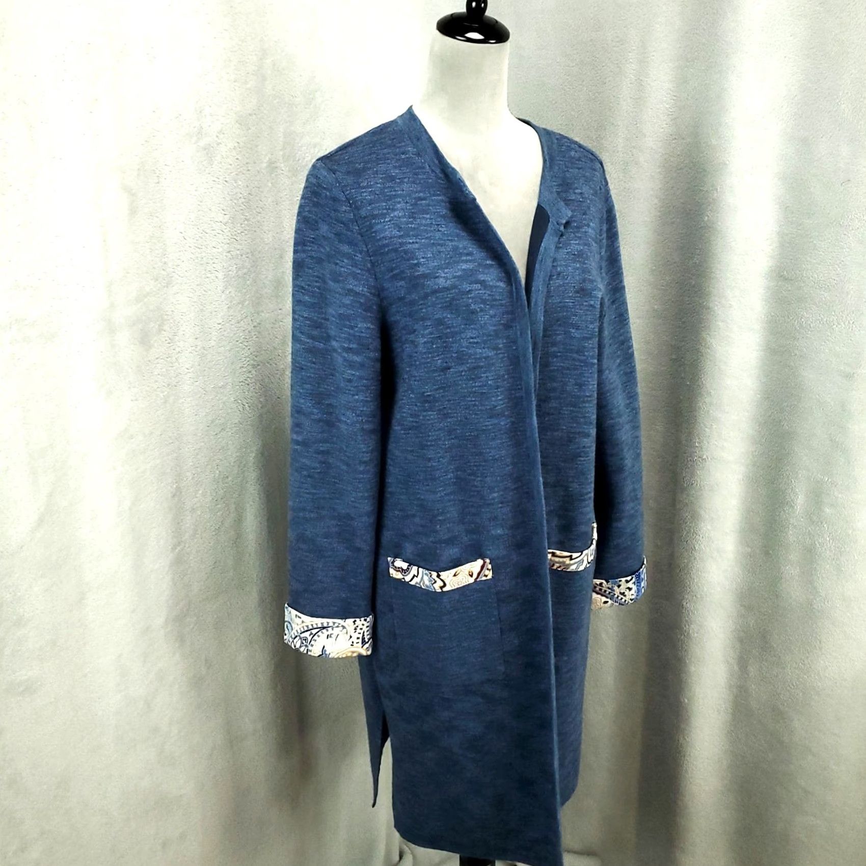 Vintage Chico's Cardigan Womens L Blue Open Front Longline Duster Trim V-Neck Pocket Knit Warm Casual Winter Fall Spring Size L / US 10 / IT 46 - 2 Thumbnail